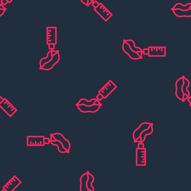 红色线唇扩大图标孤立无缝模式上的黑色背景。透明质酸唇部注射。轮廓塑料。向量图片下载