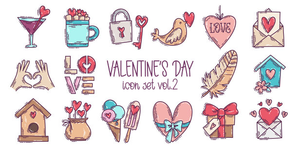 多彩的情人节涂鸦风格手绘图标集图片下载