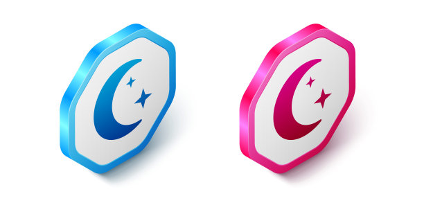 在白色背景上孤立的等距月亮和星星图标。多云的夜晚的迹象。睡眠的梦想的象征。满月。晚上或睡觉时间标志。六角按钮。向量图片下载