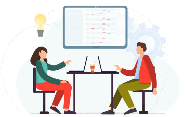 男人和女人一起在笔记本电脑上工作，讨论商业项目，在共同工作空间中的团队合作，在线会议概念团队建设概念，平面矢量插图图片下载