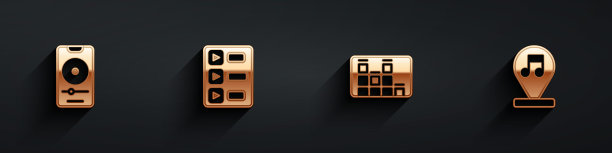 设置音乐播放器，播放列表，均衡器和音符，音调图标与长阴影。向量图片下载
