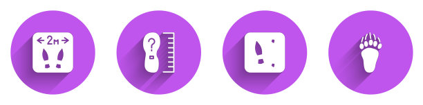 设置安全距离，平方英尺大小，人的脚印鞋和熊掌图标与长影子。向量图片下载