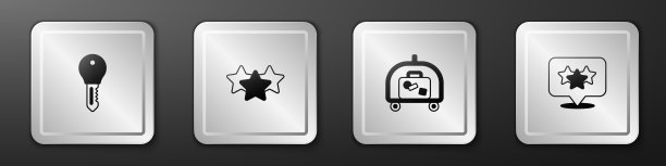 设置酒店门锁钥匙、星级、行李车和图标。银广场按钮。向量图片下载