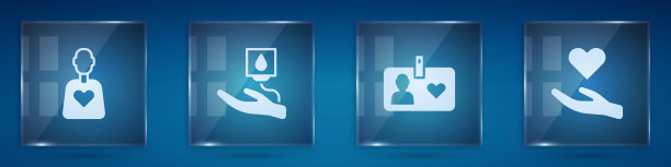 佩戴志愿者、献血、身份证或胸牌、手拿爱心。方形玻璃面板。向量图片下载