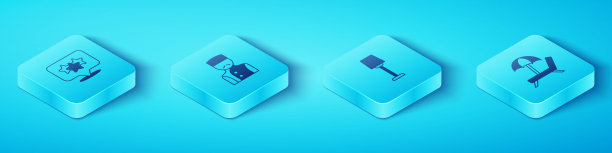 设置等距星级评级，礼宾，太阳床与伞和台灯图标。向量图片下载