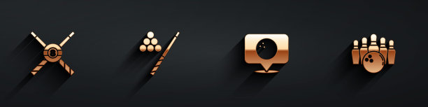 设置交叉台球杆和球，台球，位置与保龄球和保龄球瓶图标的长阴影。向量图片下载