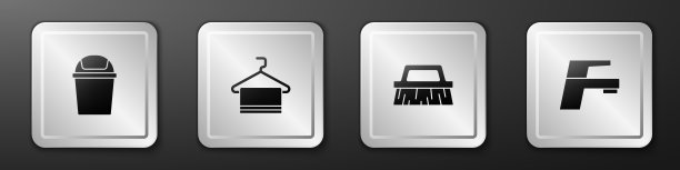 设置垃圾桶，毛巾挂在衣架上，清洁刷和水龙头图标。银广场按钮。向量图片下载