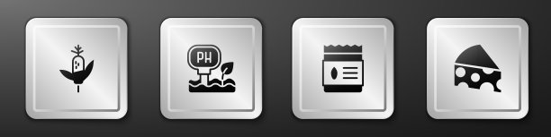 设置玉米，土壤ph值测试，包装充满种子的植物和奶酪图标。银广场按钮。向量图片下载