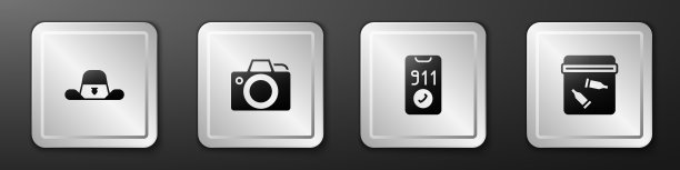 设置警长帽与徽章，照片相机，电话拨打911和证据袋子弹图标。银广场按钮。向量图片下载