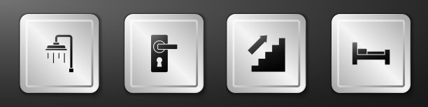 设置淋浴、门把手、楼梯和酒店床图标。银广场按钮。向量图片下载