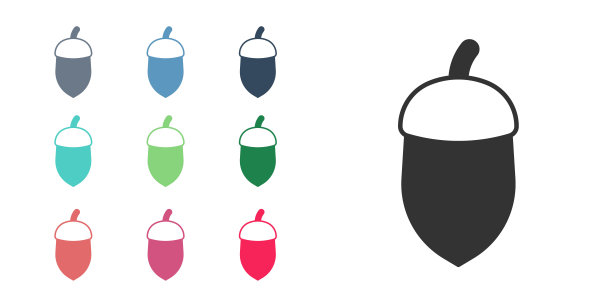 黑色橡果图标孤立在白色背景。设置图标丰富多彩。向量图片下载