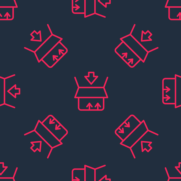 红线纸箱纸箱图标孤立无缝图案上的黑色背景。盒子，包裹，包裹标志。交付和包装。向量图片下载
