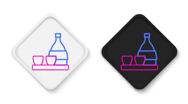 行瓶的清酒，小杯的清酒图标孤立在白色背景上。色彩斑斓的轮廓的概念。向量图片下载