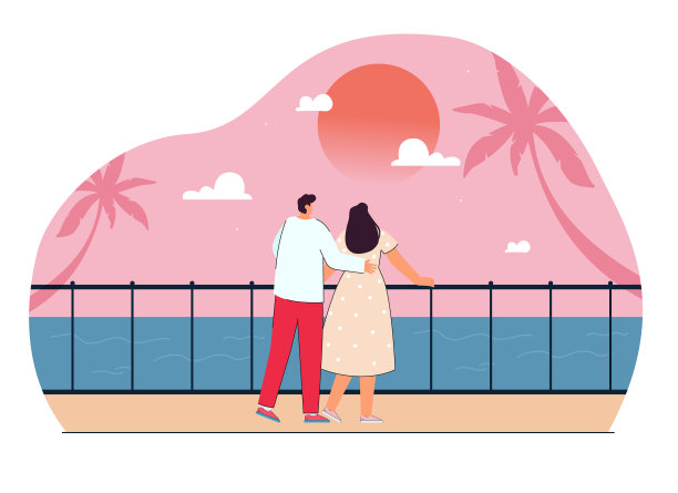 可爱的卡通夫妇在海边看日落图片下载