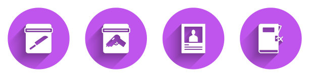 设置证据袋与刀，枪，通缉犯海报和警察局文件夹图标与长阴影。向量图片下载