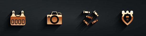 设置防弹衣，相机和警徽图标与长阴影。向量图片下载