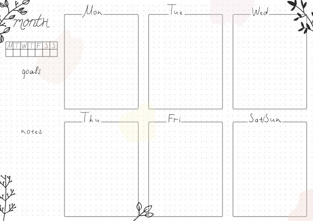 可打印的A4纸，子弹式日记页手绘花和空白周计划，目标，事件。可爱的计划表每日计划模板，空白笔记本。图片下载