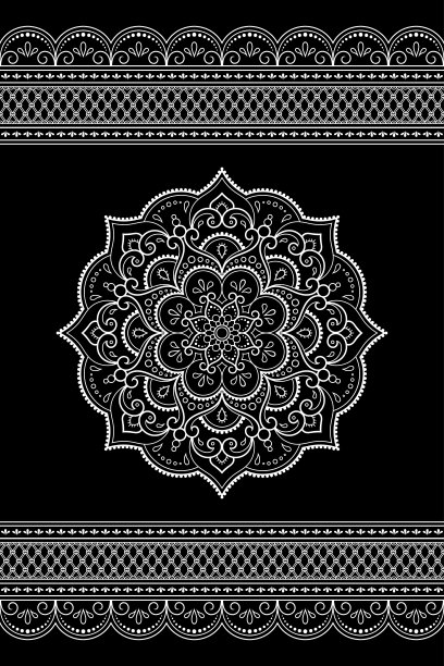 曼陀罗图案和无缝边框，用于指甲花绘画和纹身：民族东方风格装饰，黑白涂鸦手绘矢量插画图片下载