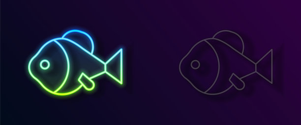 发光霓虹灯线鱼图标孤立在黑色背景。向量图片下载