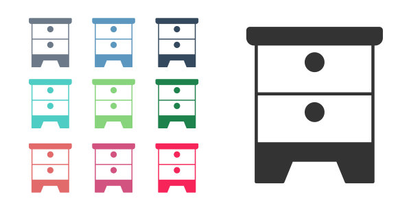 黑色家具床头柜图标孤立在白色背景上。设置图标丰富多彩。向量图片下载