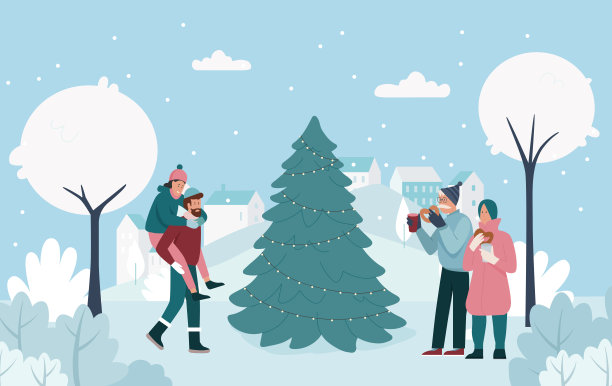 幸福的一家人一起享受冬天和寒冷的天气，圣诞树旁，圣诞节的时候图片下载
