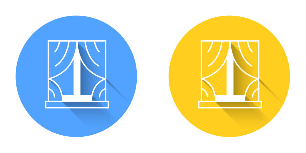 白色窗户与窗帘在房间图标孤立与长阴影背景。圆按钮。向量图片下载