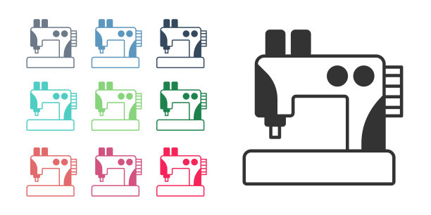 黑色缝纫机图标孤立在白色背景上。设置图标丰富多彩。向量图片下载