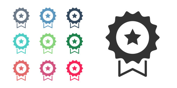黑色奖章与明星图标孤立在白色背景。冠军成就的迹象。奖奖章。设置图标丰富多彩。向量图片下载