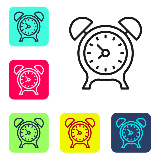 黑线闹钟图标孤立在白色背景上。醒醒吧，醒醒吧。时间信号。设置彩色方块按钮图标。向量图片下载
