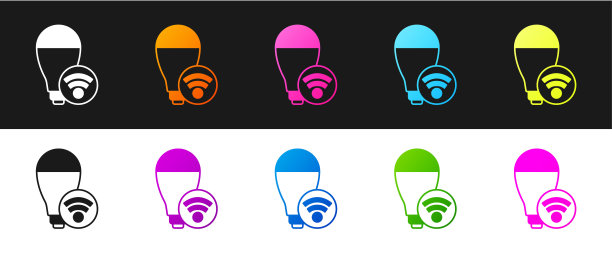 设置智能灯泡系统图标孤立在黑白背景上。能量和思想的象征。具有无线连接的物联网概念。向量图片下载