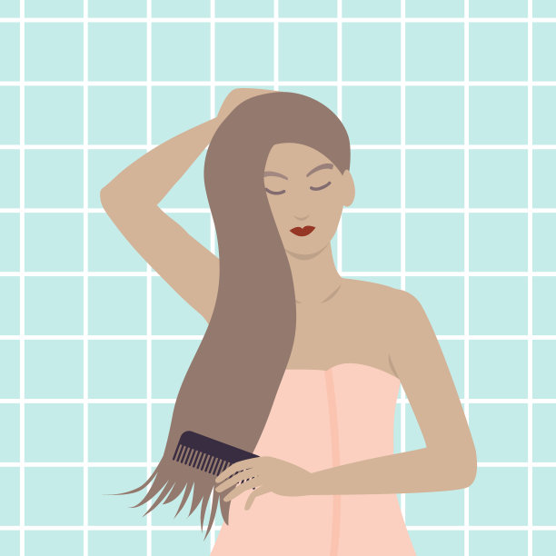 一个女人在浴室梳头发。图片下载