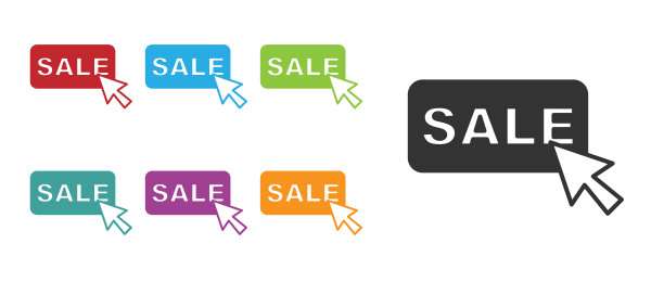 黑色价格标签与铭文销售图标孤立在白色背景。徽章的价格。折扣促销标签。设置图标丰富多彩。向量图片下载