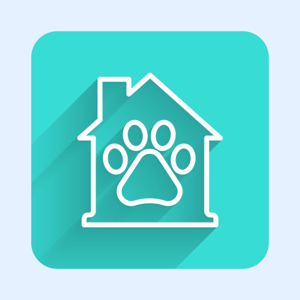 白线宠物房子图标孤立与长阴影。绿色广场按钮。向量图片下载