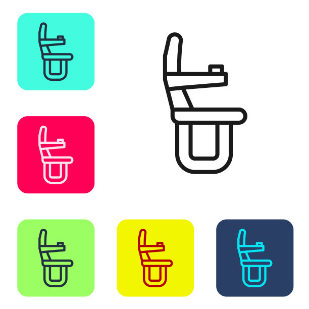 黑色线飞机座位图标孤立在白色背景上。设置彩色方块按钮图标。向量图片下载