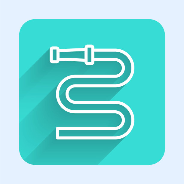 白线消防软管卷轴图标与长阴影隔离。绿色广场按钮。向量图片下载