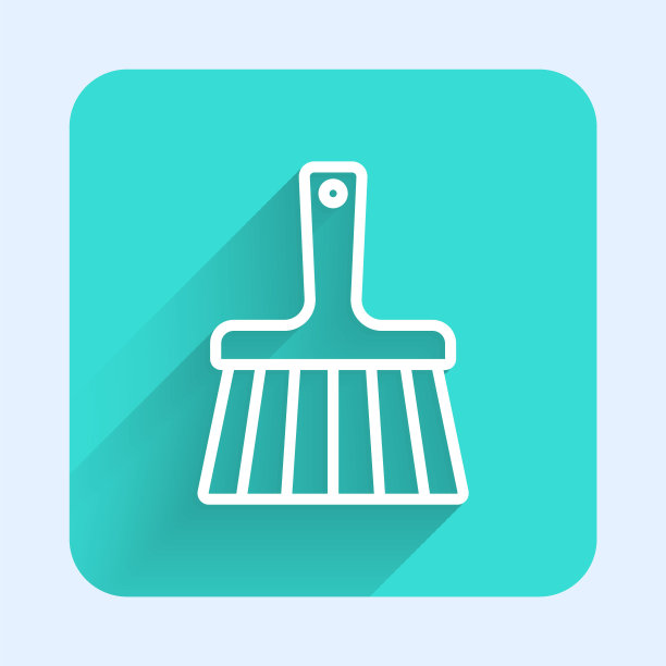 白线处理扫帚图标孤立与长阴影背景。清洁服务理念。绿色广场按钮。向量图片下载