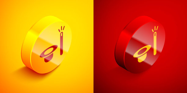 等距魔术帽和魔杖图标孤立在橙色和红色的背景。魔术。神秘的娱乐概念。圆按钮。向量图片下载