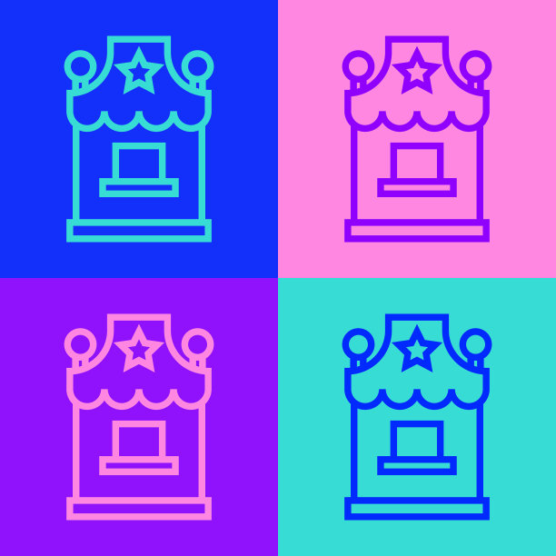 流行艺术线票房图标孤立的颜色背景。售票亭，用于销售景点和体育活动的门票。向量图片下载