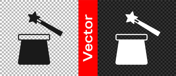 黑魔法帽子和魔杖图标孤立在透明的背景上。魔术。神秘的娱乐概念。向量图片下载