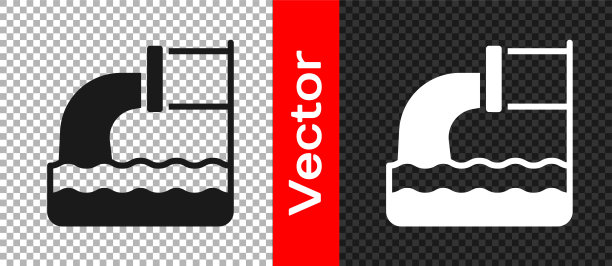 黑色废水图标孤立在透明的背景上。污水管。液体从管道流入河流。向量图片下载