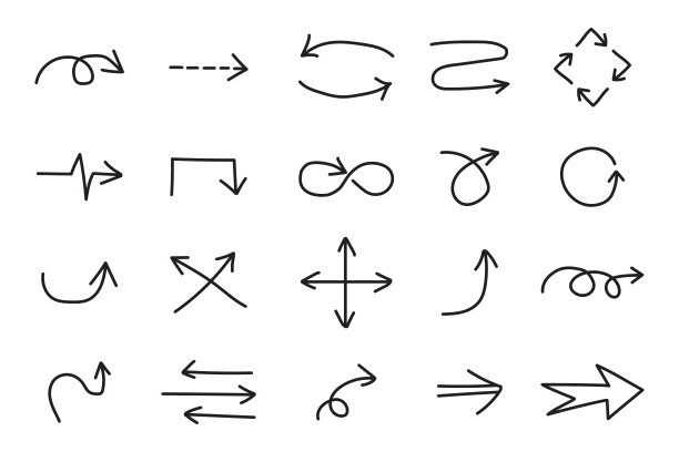 不同的箭头图标集。手草图。卡通设计。简单的风格。轮廓图。矢量插图。股票的形象。图片下载