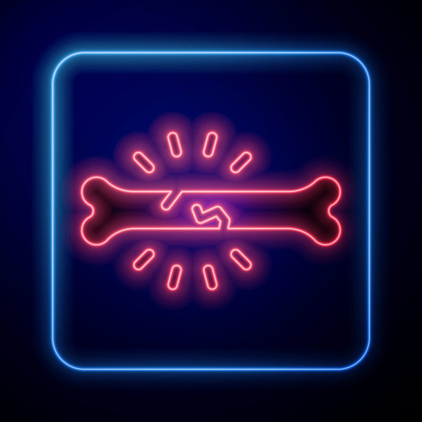 发光霓虹灯骨痛图标孤立在蓝色背景。骨科医疗。关节和骨骼疾病，关节炎。向量图片下载