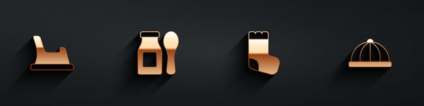 设置婴儿便盆，酸奶在瓶子与汤匙，袜子和帽子图标与长影子。向量图片下载