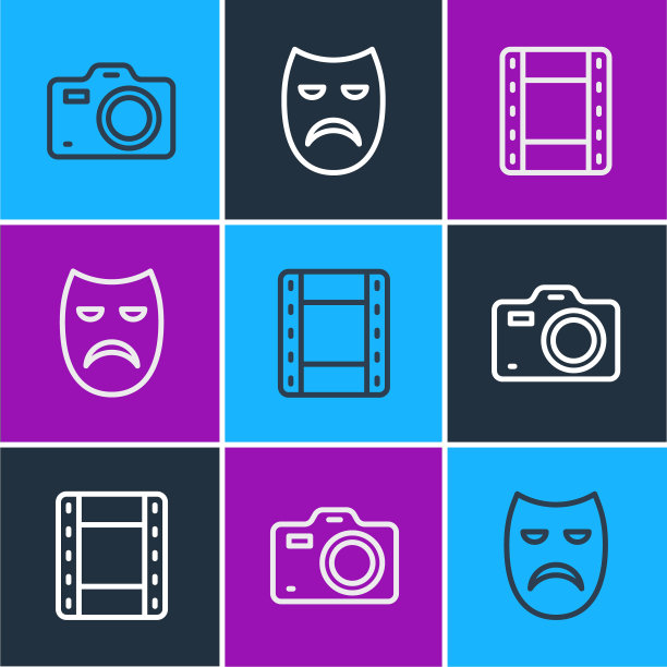 设置线照片相机，播放视频和戏剧戏剧面具图标。向量图片下载