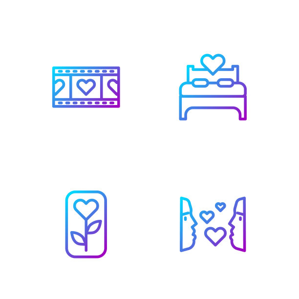 集“一见钟情”、“花玫瑰”、“玩视频”、“心与卧室”于一身。渐变颜色图标。向量图片下载