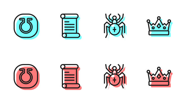 设置线蜘蛛，生命，法令，羊皮纸，卷轴和国王皇冠图标。向量图片下载