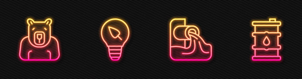 废水，北极熊头，灯泡与树叶和桶油。发光的霓虹灯图标。向量图片下载