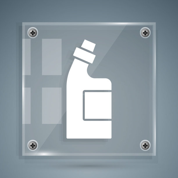 白色塑料瓶用于洗衣粉，漂白剂，洗洁精或其他清洗剂图标孤立在灰色背景上。方形玻璃面板。向量图片下载