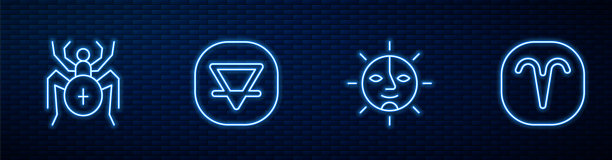 太阳、蜘蛛、土元素和白羊座十二生肖相结合。砖墙上闪烁的霓虹灯图标。向量图片下载