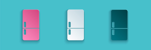 剪纸冰箱图标孤立在蓝色背景上。冰箱冷冻冰箱。家用科技和电器。纸艺术风格。向量图片下载